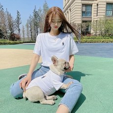 Saecoming 小熊情侶裝 休閒狗狗衣服 + 飼主T恤套組, 白色