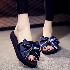여성용 레터링 포인트 나비 리본 통굽 웨지힐 샌들 슬리퍼 3cm