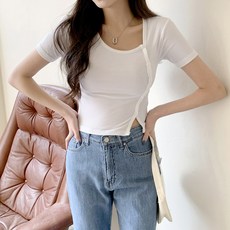 시크블랙 여성용 라므너 사선 버튼 라운드넥 반팔 티셔츠 T9608K24