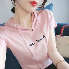 엘쏘 여성용 여름 캐주얼 풀오버 루즈핏 순면 빅사이즈 반팔 후드 티셔츠