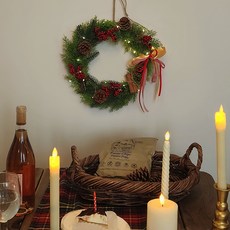 ASPASIA 蒙特勒紅色格紋緞帶花圈 + LED 30顆燈泡組, 單一顏色, 花圈(外徑 30cm), 燈泡(3m), 1個