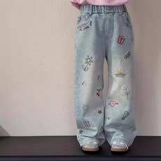 MK 女童蝴蝶刺繡長版寬管牛仔褲