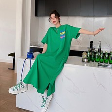 lemon soul 英文字母印花短袖長連衣裙, 綠色