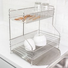 stopia 不鏽鋼304 兩格碗盤瀝水架 + 託盤組, 2層, 銀色, 1套