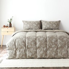 La Pomme 花朵印花絎縫被套+鵝絨被+床墊套+枕頭套, 深灰色(被子)+白色(被套+床包+枕套)