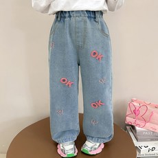 Starbean 女童蝴蝶刺繡OK寬版牛仔褲