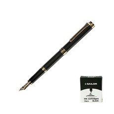 SAILOR 寫樂 質感鋼筆+卡式墨水管 12入, F, 黑色（鋼筆），黑色（墨水）