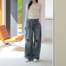 SUBI.JEANS 女款側邊摺線膝蓋破損寬版牛仔褲 長版