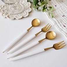 Bogen 可愛套組 金色 + 白色, 1套, 茶匙 2入 + 茶叉 2入