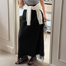 NANING9 女款 Kimabe 鬆緊帶蕾絲緞面長裙