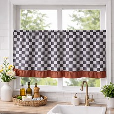 韓國 GNY 格紋圖案棕色荷葉邊遮光短窗簾