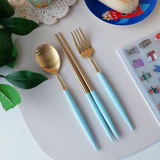 Bogen 高級餐具3件組, 金色 天藍色(湯匙+筷子+叉子)+餐具袋(隨機出貨), 湯匙+筷子+叉子+餐具袋