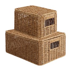 Nature Living 附蓋藤編收納籃 S號+M號, 單色, 1組