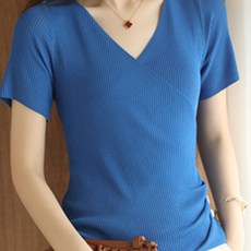 솔레일 여성용 V넥 버튼 개더 골지 반팔 니트