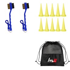 NAYASTYLE 高爾夫球桿頭清潔器 藍色 2入 + HDPE 高爾夫短球釘 黃色 10入 + 收納袋組合 GFYP-32-2 163-1PU, 混色