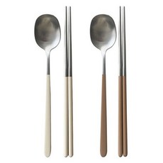 acacia home 304不鏽鋼餐具組 現代簡約設計, 象牙色 + 棕色, 1組, 筷子 2雙 + 湯匙 2支