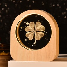 연하 크리스탈 원형 우드 프레임 LED 무드등+선물포장, 네잎클로버