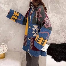 民族色寬鬆針織開襟衫