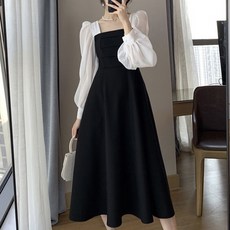PEONIST 女款優雅中長版連身裙, 黑色 + 白色