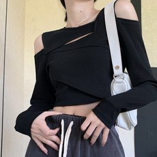 아이엠몽 여성용 하브 오프숄더 트임 크롭 긴팔 티셔츠