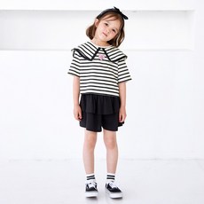 WALTONKIDS 女童款大領子條紋短袖上衣+蛋糕褲裙套裝