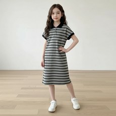 핑크비 롬드래빗 반팔 스트라이프 롱 원피스