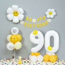 파티랑 데이지 두자리 숫자 풍선 90 + 가랜드 + 생일 풍선 장식 세트, 화이트 숫자대90, 1세트