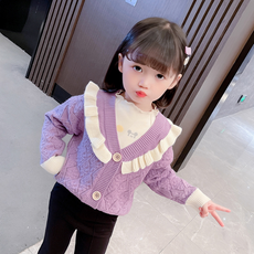 Orangedamom 女童款白色拼接線條荷葉邊刺繡針織外套