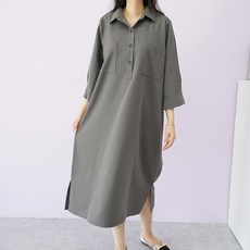 biggirlstory 大尺碼女款七分袖休閒開衩V領瑪德琳洋裝, 炭灰色