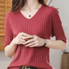 Goodif 女款七分袖羅紋針織短袖T恤