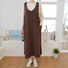 biggirlstory 大尺碼雙口袋彈性層次感背心長版連身裙, 棕色