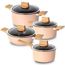 KITCHENART MONT IH感應爐適用木質握把鈦合金不沾湯鍋 4件組, 18cm單胸+20cm羊水+24cm羊水+24cm火鍋, 混合顏色