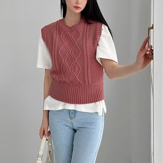 뜨개진 여성용 탄탄 피셔 꽈배기 라운드 니트 블루벨 베스트