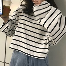 PEONIST 女性條紋短版寬鬆長袖T恤