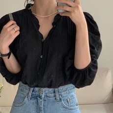 PEONIST 泡泡袖荷葉邊V領罩衫