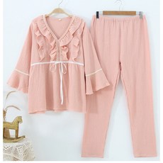 Estella簡約大尺碼蝴蝶結孕婦睡衣上下套裝