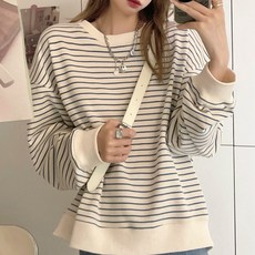 Elsso 條紋寬鬆版大學T長袖圓領T恤