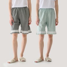 테라우드 여성용 리썸 체크 레이스 5부 파자마 바지 2종 세트