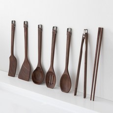 Kuji9 優質黑胡桃木烹飪工具 7 件套, 單色, 炒菜鏟+湯勺+刮刀+湯匙+濾湯匙+長炒筷+夾子