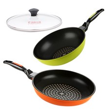 Kitchen-Art Midas 平底鍋3件組, 綠色+橘色+透明鍋蓋, 平底鍋28cm+深型平底鍋28cm+玻璃鍋蓋28cm, 1組