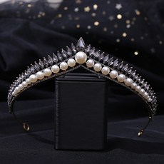 LUNA GLAM 自助婚紗簡約閃亮珍珠皇冠 G270, 黑色, 1個