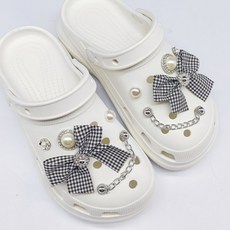 洞洞鞋配件鞋扣 格紋緞帶珍珠款