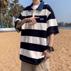 男士 DM 寬鬆短袖條紋翻領T恤