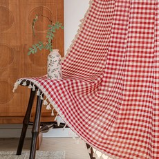 G&Y 基本款格紋圖案流蘇窗簾, 紅色