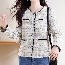 Queenis 女款休閒日常珍珠鈕扣粗花呢外套