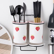 Mondspot 可愛廚房草莓陶瓷瀝水餐具筒 雙格掛式 YY57326, 1個, 混合色