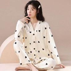 자나바 여성용 쁘띠하트 배색 Y넥 단추 잠옷 긴팔 상의 + 하의 세트 264266