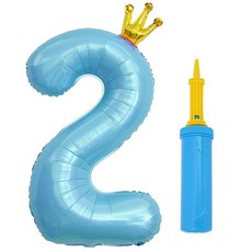 J-Balloon 鍍銀皇冠數字氣球 大 2 + 手動打氣筒組合, 1套, 藍色(氣球), 顏色隨機出貨(手動打氣筒)