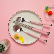 Bogen 孩童雙色金屬湯匙+筷子+叉子, 銀色 粉色, 湯匙+筷子+叉子, 1組