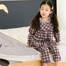 JJiniya 女童格紋棉質長袖睡衣+睡褲套裝